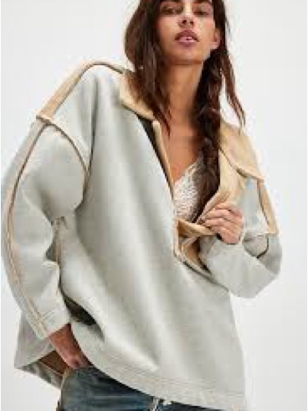 Free People Two-Tone Sherpa Hoodie Jacket in Cream & Tan